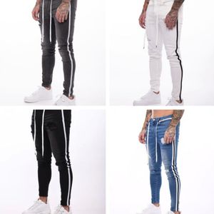 Mannen gescheurde jeans slanke witte kant gestreepte potlood broek straatje jean skinny motorfiets casual jogging broek