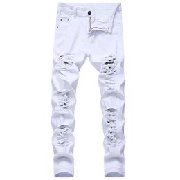 Mannen Gescheurde Jeans Wit Rood Zwart Stretch Slim Fit Lente Herfst Denim Broek Verontruste Hip Hop Streetwear Biker Jeans Broek paars jeans 29-42