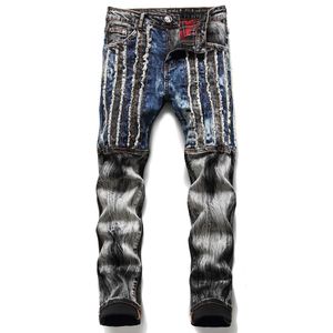 Hommes déchirés Pantalons de jeans plissés Patchwork Denim Denim pour hommes Hip Hop Streetwear Couture Couleur Correspondant Slim Stretch Jeans