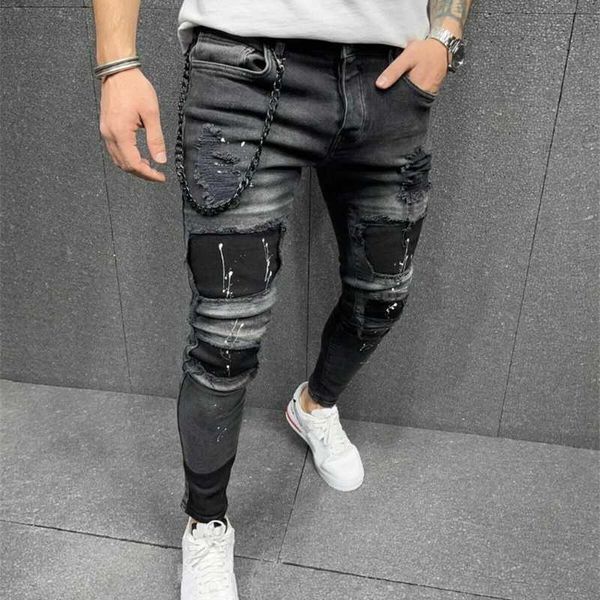 Gescheurde skinny jeans voor heren, biker, hoge kwaliteit, zwarte noodlijdende slim-fit potloodbroek, denimbroek met locomotiefrits, hiphopbroek LST230831