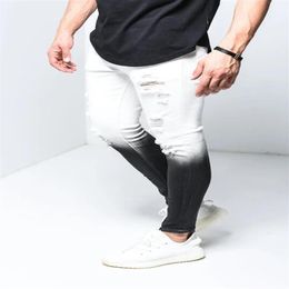 Mannen scheurden een skinny jeans voor tieners strekken zwarte witte gradiënt kleur denim Jean Ankle Zipper pant346a