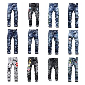 Mannen scheurden slanke fit jeans mode magere rechte been gewassen heren gerafeld motocycle denim broek hiphop stretch fietser heren broek 1095