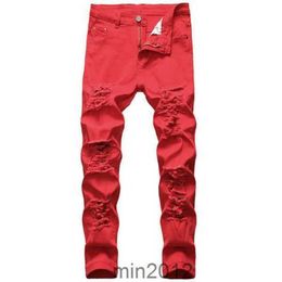 Mannen scheurden wit rood zwart stretch slanke lent lente herfst denim nooddeed hiphop streetwear biker jeans broek a74w