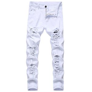 Hommes déchirés blanc rouge noir slim slim fit printemps automne denim denim en détresse hip hop streetwear biker jeans pantalon x0621