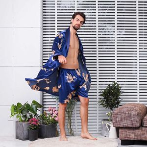 Mannen Rob Set Kimono Nachtkleding Robe Elastische Riemen Tweedelige Pak Chinese Draken Silk Mens Pyjama Robe met Shorts Heren Nachthonten 210609