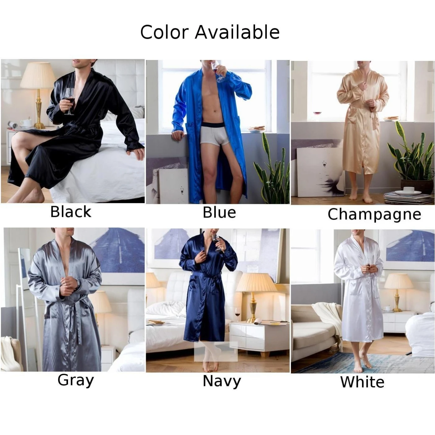 Men Robe Silk Bathrobe Soft Cozy Long Sleeve Nightgown One-Piece Kimono Men Bath Gown Solid Robes Home Satin Sleepwear Pajamas