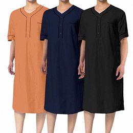 Hommes Robe Col V Manches courtes Casual Chemise de nuit Patch Poche Couleur unie Longueur mi-mollet Robe de nuit Loisirs Nightdr Home Wear f9gE #