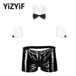 Hommes Roleplay Costume Outfit Hommes Lingerie Sexy Ensemble Low Rise Zipper Ouvert BuBoxer Sous-Vêtements Avec Col Et Poignets Ensembles Clubwear Bras229E