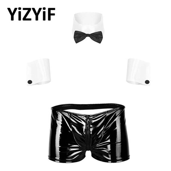 Traje de juego de roles para hombres Conjunto de lencería sexy para hombres Cremallera de talle bajo Ropa interior abierta BuBoxer con cuello y puños Conjuntos Clubwear Bras291x