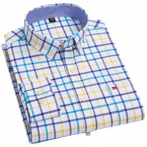 Hommes 100% Cott Lg manches chemises à carreaux à carreaux simple poche plaquée coupe standard boutonnée rayée chemise Oxford décontractée i7oF #