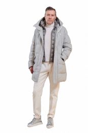 Manteau de doudoune à capuche en tissu de laine de flanelle 100% pour hommes avec patte de boutonnage double couche détachable en duvet d'oie blanche O7K4 #