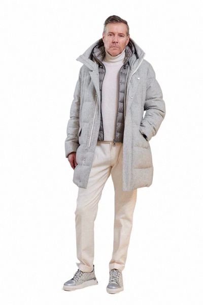 Manteau de doudoune à capuche en tissu de laine de flanelle 100% pour hommes avec patte de boutonnage double couche détachable en duvet d'oie blanche O7K4 #