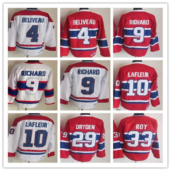 Homens Vintage Classic Montreal Hockey Jerseys 10 Guy Lafleur 4 Jean Beliveau 9 Maurice Richard 29 Ken Dryden 33 PATRICK ROY Retro CCM Uniformes Costurados