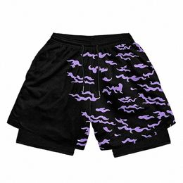 Heren 2 in 1 hardloopshorts Heren Workout Anime Shorts Training Yoga Gym Sportkleding Broek Sport Korte broek met zakken v3On #