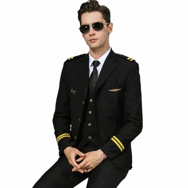 Hommes 2 lignes de costume de pilote de ligne Vestes Uniformes Coiffeur Noir Costume Manteau Vêtements de travail Grande taille Homme v5yY #