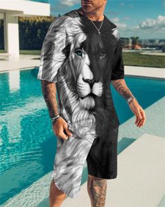 Ropa deportiva de 2 piezas para hombre, camiseta con estampado 3D de león blanco y negro, traje de calle informal de dos piezas, conjunto de camiseta de gran tamaño para hombre