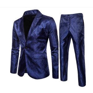 Heren 2 stuks blauw geel elegant pakken met broek merk slim fit enkele knop partij formele zakelijke jurk pak mannelijke terno x0909