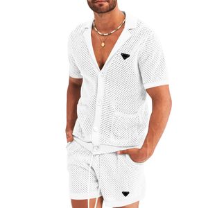 Hombres 2023 Triángulo invertido Cárdigan de malla Camiseta de manga corta Pantalones cortos 2 piezas Trotar Traje deportivo de verano Top casual Chándal para hombres