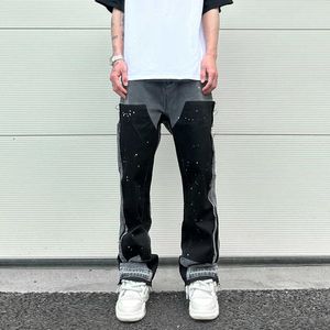 Heren 2024 Graffiti Black Flar La Vared denim broek met patches hiphop gespikkelde inkt breedbeen broek slanke fit gewassen jeans voor mannen J230926