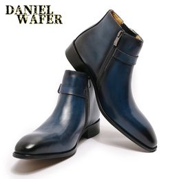 Men's 28 Design echte lederen enkel Hoogwaardige top Zip Buckle Birt Dress Shoes Black Blue Basic Boots Men 201027