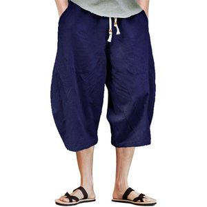 Hommes 3/4 coton lin Shorts Baggy coupe ample été décontracté Cargo pantalon Capri couleur unie doux confort X0705