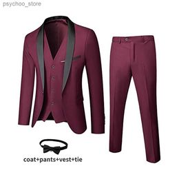 Costume 4 pièces pour hommes, élégant, solide, un bouton, smoking, coupe cintrée, blazer, robe d'affaires, costume de fête de mariage, gilet, pantalon, cravate, ensemble Q230828