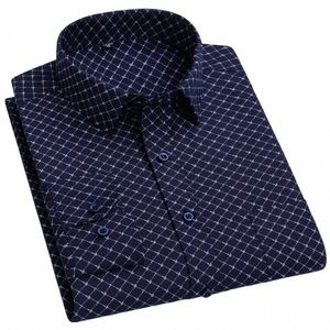 Hommes 65% Cott Lg manches imprimées à carreaux Dr chemise simple poche plaquée coupe régulière confortable polyvalent mince chemises décontractées 86ql #