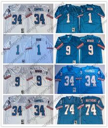 Hombre # 9 Steve McNair Jersey vintage azul claro # 34 Earl Campbell # 74 Bruce Matthews # 1 Warren Moon Blanco cosido Retro Adulto4638844