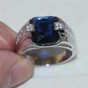 Hommes 925 Argent Bleu Saphir Simulé Diamant CZ Pierre Gemme Taille Émeraude Anneaux De Fiançailles Anniversaire De Mariage Bande Bijoux b189o