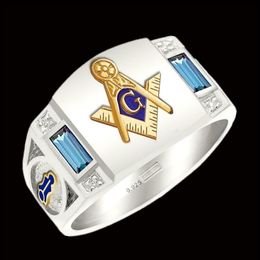 Heren 925 Sterling Zilver Tweekleurige 18k Geel Gouden Ring Aquamarijn Kristal Vrijmetselaarsloge Mason Ring Band Maat 7-14265K