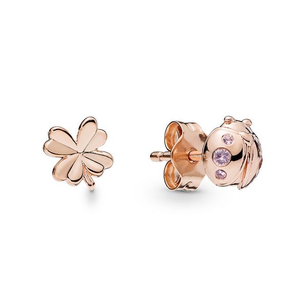 Plaqué or rose Clover Ladybird Boucles d'oreilles Boîte d'origine pour Pandora 925 Sterling argent mignon petits ensembles de boucles d'oreilles pour femmes filles cadeau