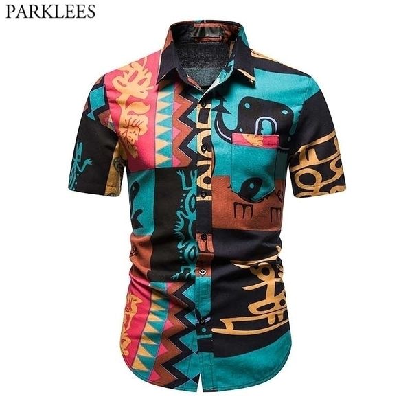 Hommes Africain Floral Imprimé Coton Lin Chemises Casual Manches Courtes Baggy Hawaiian Plage Chemises Hommes Vintage Ethnique Chemise Homme 210522