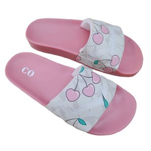 Pantoufles de marque pour hommes et femmes, sandales plates d'été mignonnes à imprimé cerise rose, taille 35-46