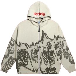 Heren Anime Schedel Hoodie Dames Retro Gothic Rits Lange mouw Straatkleding Losse jas Harajuku Letter Gedrukt Hoodie Trui 240102