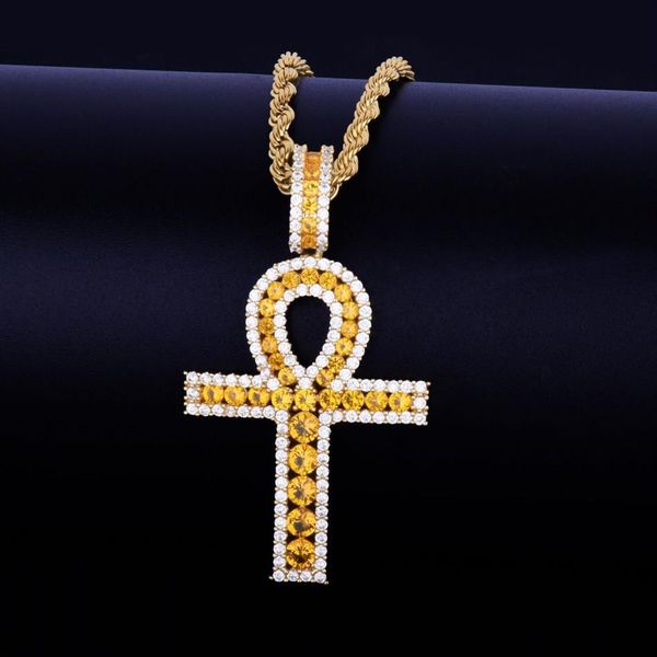 Collier pendentif croix Ankh pour hommes, or, argent, cuivre, Zircon glacé, clé de vie égyptienne, bijoux Hip Hop pour femmes, 2692