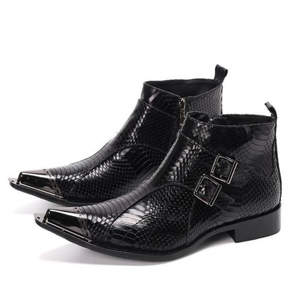 Hommes cheville en cuir véritable peau de serpent noir hommes chaussures de luxe Cowboy hommes Western moto bottes chaussures habillées