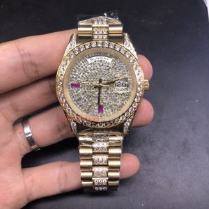 Montre mécanique automatique pour hommes cadran en diamant doré 6 9 échelle rose diamant de la rangée du milieu bracelet en acier inoxydable montres de mode de qualité supérieure