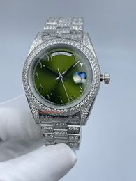 Automatisch mechanisch herenhorloge, zilver, diamant, roestvrij staal, horloge met groene wijzerplaat, Arabische cijfers, dubbele kalenderhorloges