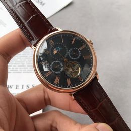 Montre mécanique automatique pour hommes, taille 46MM, bracelet en cuir, tout en acier inoxydable, cadran or rose/argent, verre saphir, étanche, montre classique de styliste