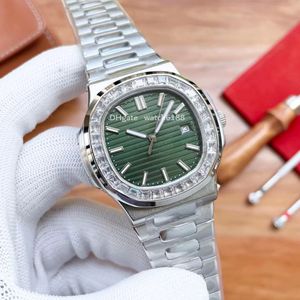Automatisch mechanisch horloge voor heren met een groene wijzerplaat van 40 mm en een schitterende vierkante diamant met roestvrijstalen riem snijden Super Nautilus King of China Watches