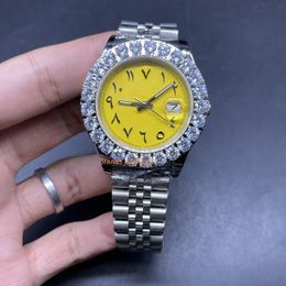 Automatische mechanische horloge voor heren gele grote wijzerplaat 43 mm Prong Set diamant pols horloge zilveren roestvrij staal horloges leven waterdicht