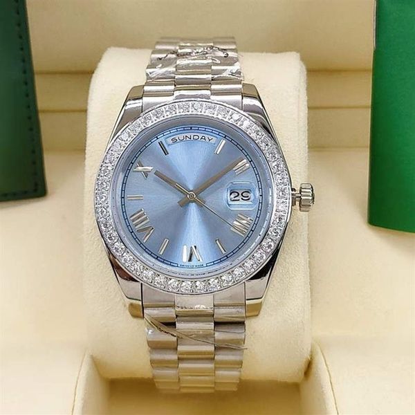 Montre automatique pour hommes, classique, romaine, cadran bleu glace, lunette en diamant de 41mm, boucle pliante en acier inoxydable, étanche 306w