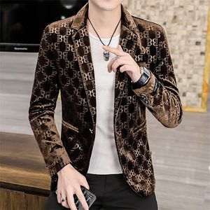 Heren Herfst Print Brief Enkele Breasted Pak Lange Mouw Jas Business Casual Slanke Jas Achtersplit Alledaagse Blazers Jurk 220815