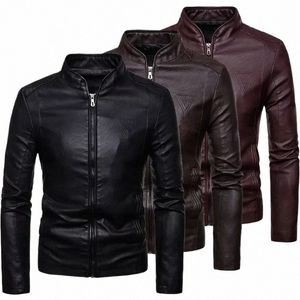 Automne Slim Pu Veste en cuir pour hommes Moto Winproof Cool Solid Couleurs Classique Biker Veste en cuir Aviator Motor Spring Coat p9Jr #