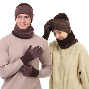 Conjunto de Otoño Invierno para hombre, gorro Unisex, guantes, bufanda, bufanda de punto de hilo de lana para hombre, polaina de cuello de Color sólido, sombrero suave