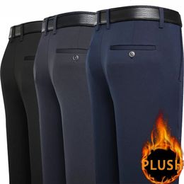 Pantalon extensible pour hommes automne hiver en peluche pantalon de costume décontracté intelligent ample droit bleu marine noir pantalon habillé épais pantalon chaud 240125
