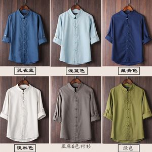 Heren Baggy Cotton Linnen Korte Mouw Button Shirts Tops Blouse Mode Chinese stijl kleding Ademend comfortabele Topjas