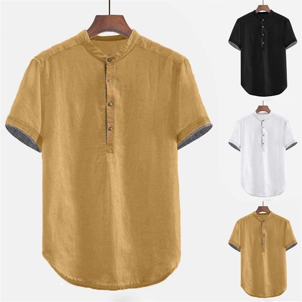 Camiseta holgada de lino y algodón sólido para hombre, camiseta de manga corta con botones de talla grande, blusa, camisas estampadas a la moda para hombre 210707