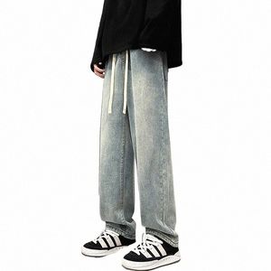 Heren Baggy Straight Jeans High Street Fi Vintage Wo Trekkoord Wijde pijpen Broek Koreaans Casual Street chic Grijs Blauw o9QE#