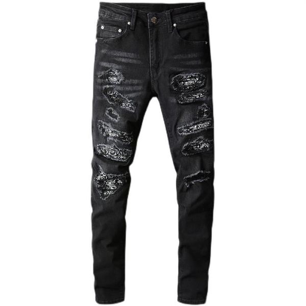 Homme Bandana Paisley imprimé Patchwork jean extensible Streetwear noir Denim crayon pantalon mince maigre déchiré pantalon 6692638